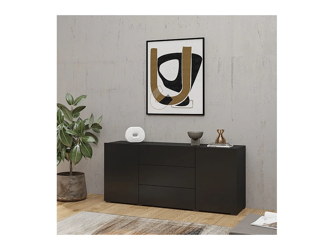 Buffet de 140cm colección EVA con 2 puertas y 3 cajones. Color negro y roble.