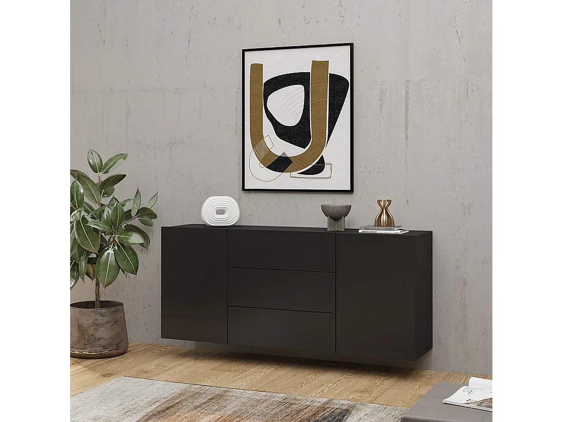 Buffet 140cm coleção EVA com 2 portas e 3 gavetas. Cor preta e carvalho.