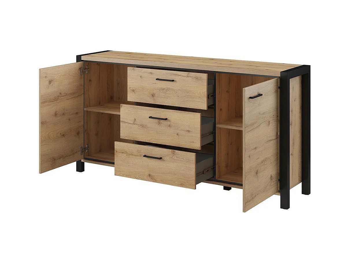 Sideboard 180cm Kollektion BOWIE mit 2 Türen, 3 Schubladen. Farbe Eiche und Schwarz.