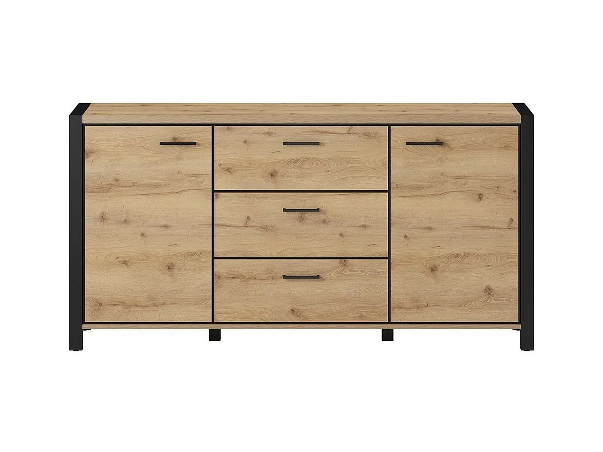 Sideboard 180cm Kollektion BOWIE mit 2 Türen, 3 Schubladen. Farbe Eiche und Schwarz.