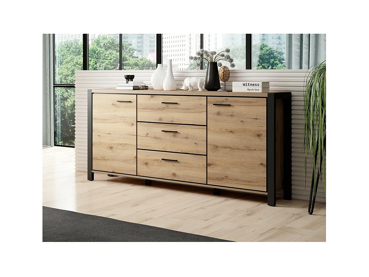 Sideboard 180cm Kollektion BOWIE mit 2 Türen, 3 Schubladen. Farbe Eiche und Schwarz.