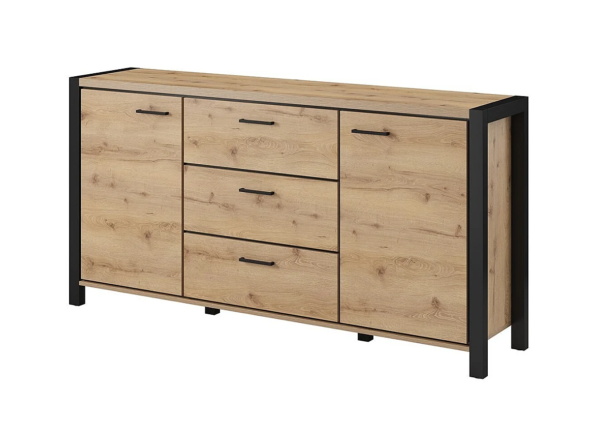 Buffet 180cm collection TIVORA 2 portes, 3 tiroirs. Couleur chêne et noir