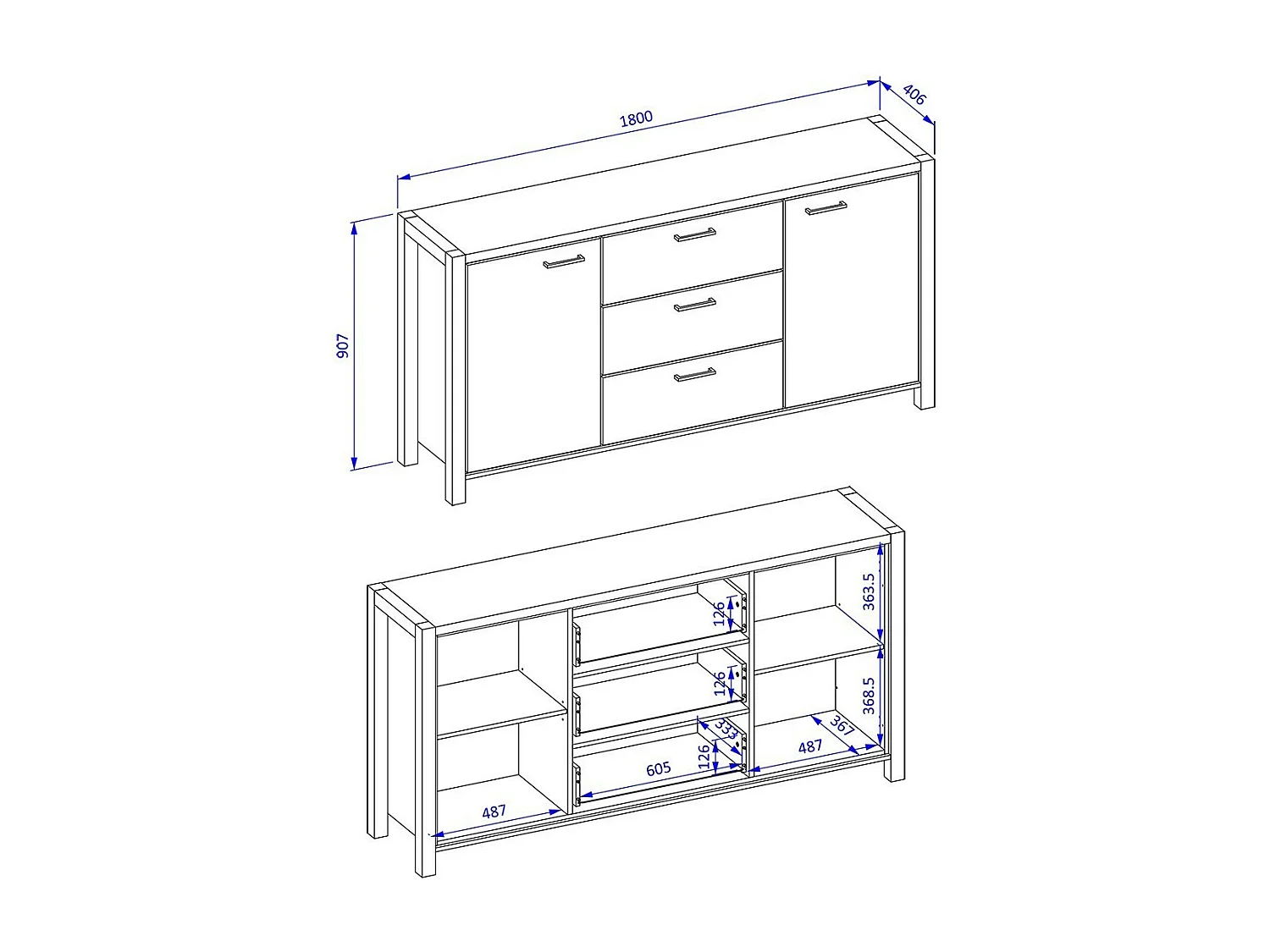 Buffet 180cm collectie BOWIE 2 deuren, 3 laden. Kleur eiken en zwart