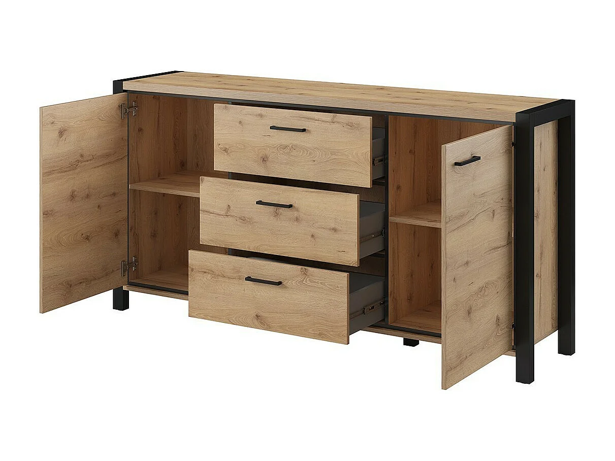 Buffet 180cm collectie BOWIE 2 deuren, 3 laden. Kleur eiken en zwart