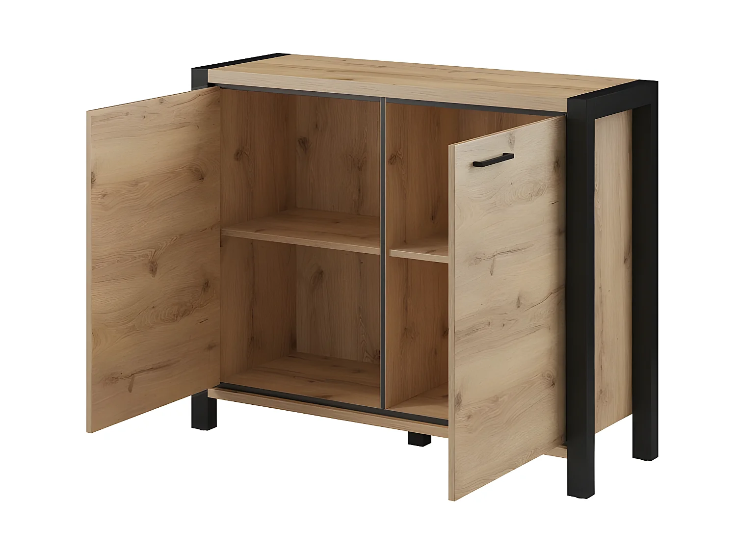 Buffet petit modèle 110cm collection BOWIE. 2 portes, couleur chêne et noir