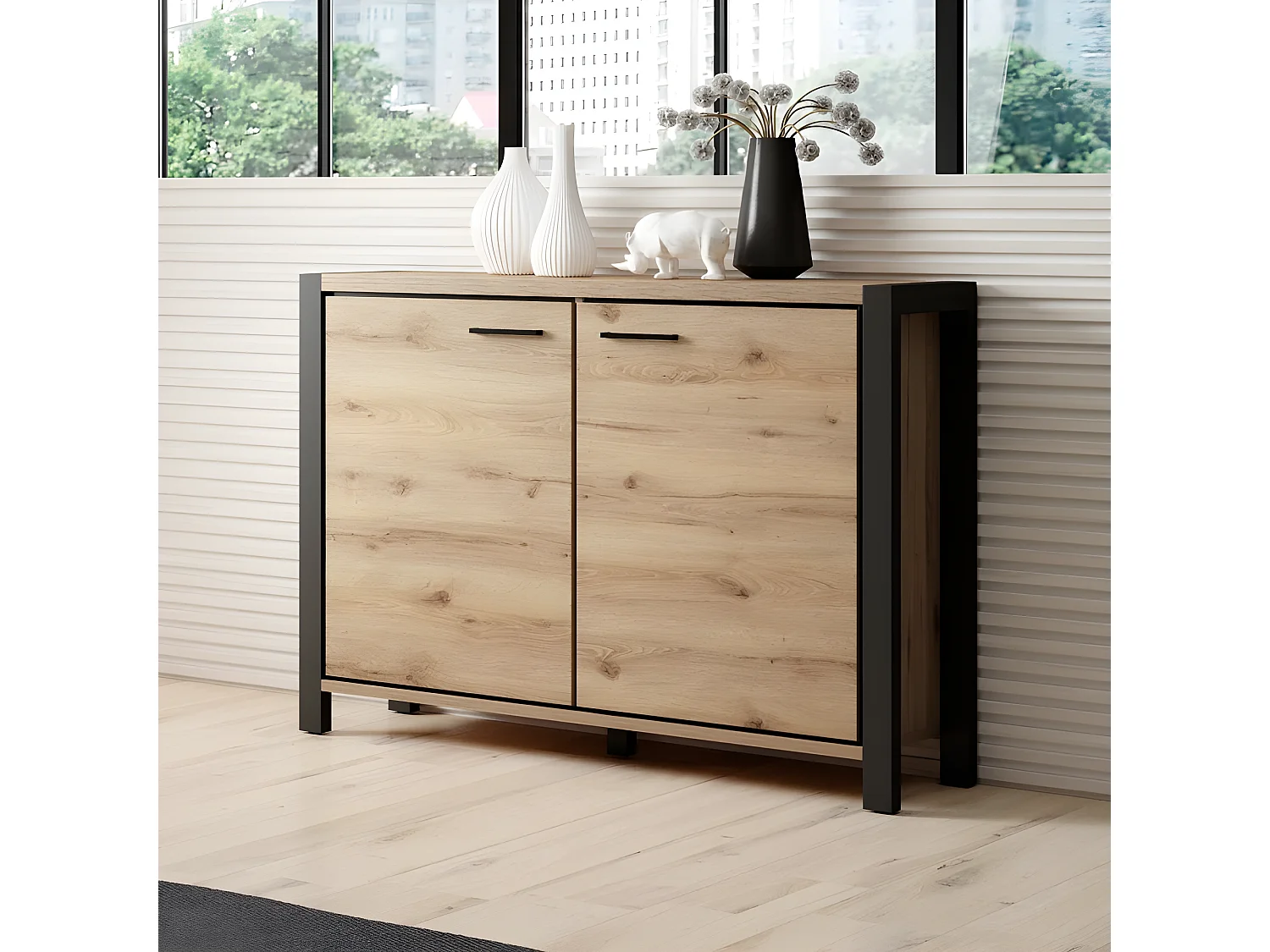 Buffet petit modèle 110cm collection BOWIE. 2 portes, couleur chêne et noir