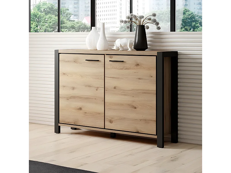 Buffet petit modèle 110cm collection BOWIE. 2 portes, couleur chêne et noir