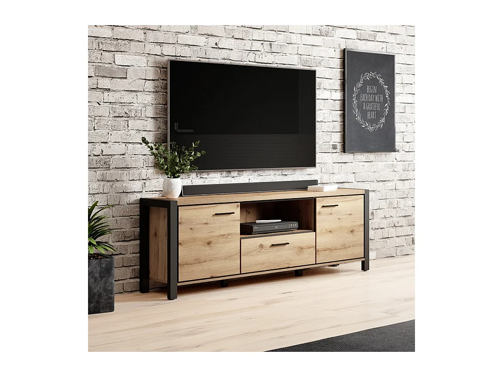 TV-meubel 180cm collectie TIVORA. Kleur eiken en zwart. 2 deuren en 1 lade.