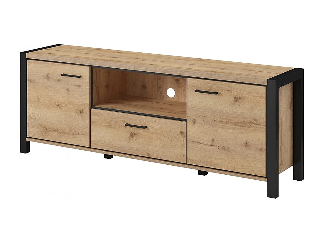 Meuble TV 180cm collection TIVORA. Couleur chêne et noir. 2 portes et 1 tiroir.