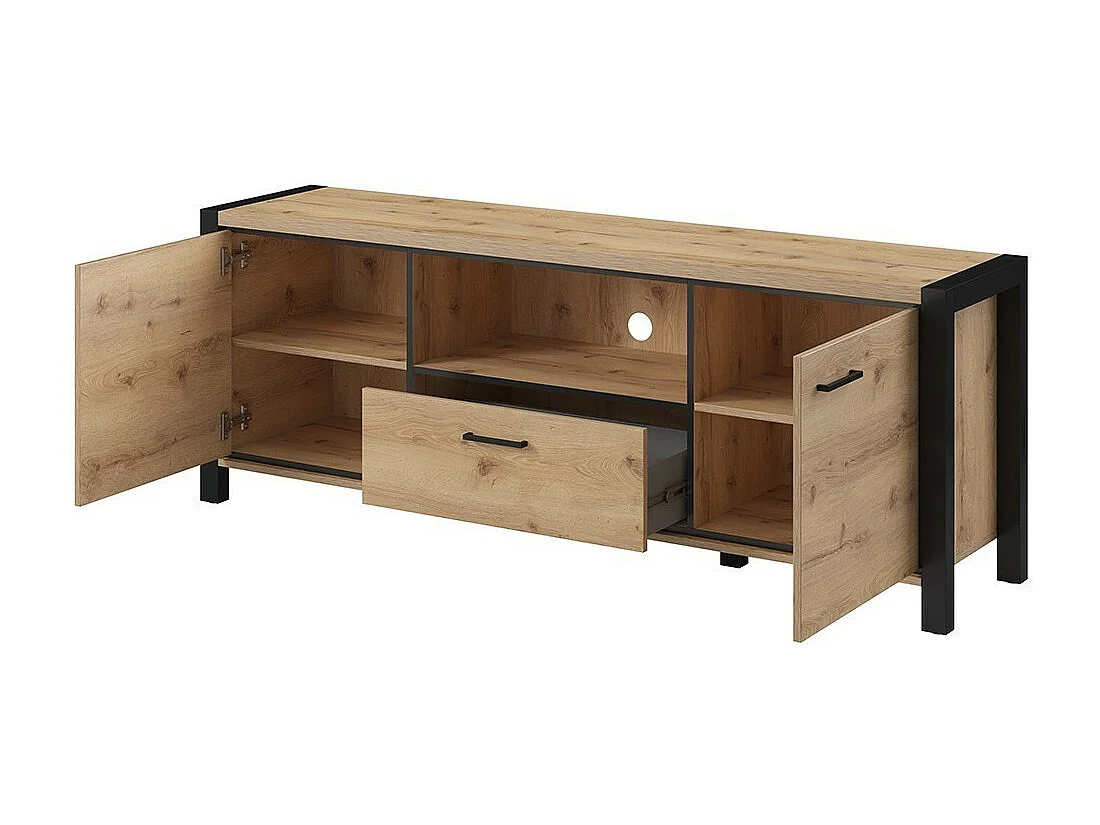 Meuble TV 180cm collection TIVORA. Couleur chêne et noir. 2 portes et 1 tiroir.