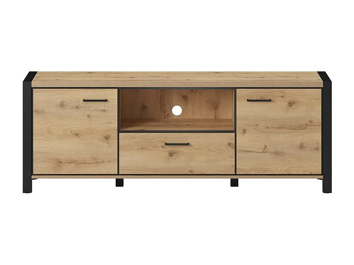 Meuble TV 180cm collection TIVORA. Couleur chêne et noir. 2 portes et 1 tiroir.