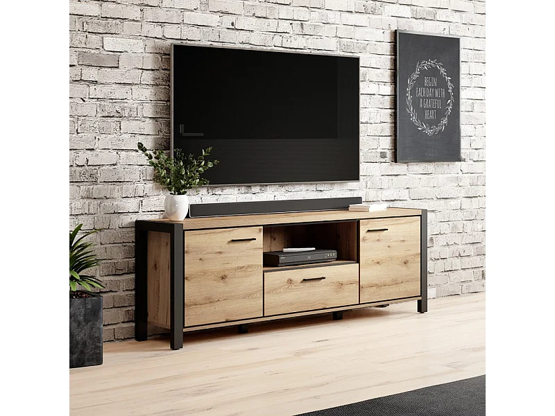 Móvel para TV 180cm coleção BOWIE. Cor carvalho e preto. 2 portas e 1 gaveta.