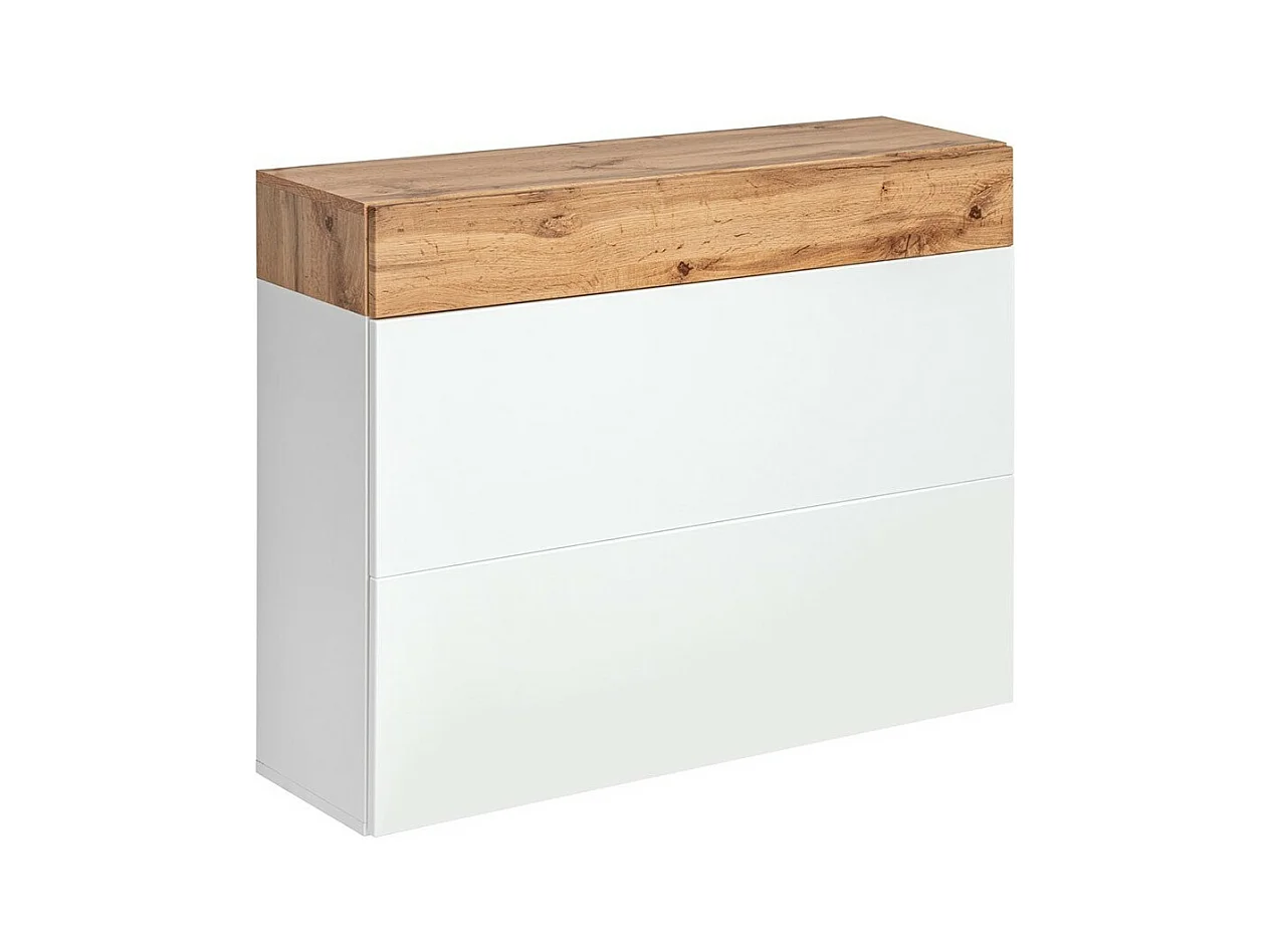 Meuble à chaussures TORTH – 2 portes abattantes + 1 tiroir – Blanc et chêne