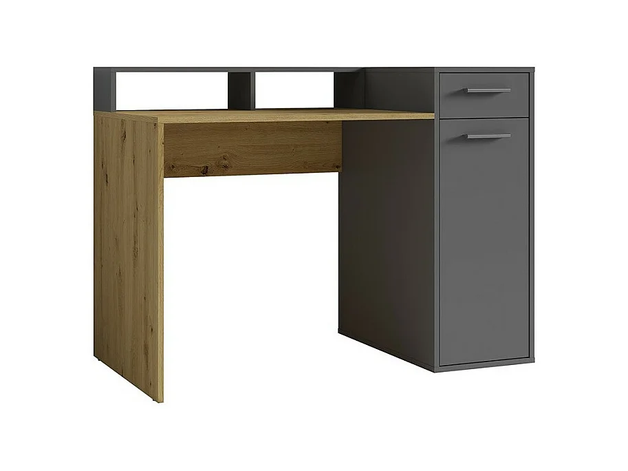 Schreibtisch OFFICE mit Rollcontainer und Bildschirmhalterung - Farbe Grau und Eiche - 120 x 90 x 65 cm