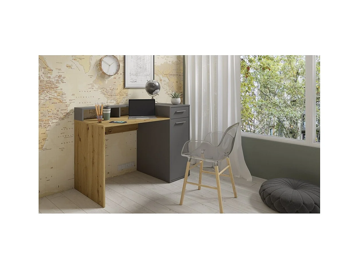 Schreibtisch OFFICE mit Rollcontainer und Bildschirmhalterung - Farbe Grau und Eiche - 120 x 90 x 65 cm