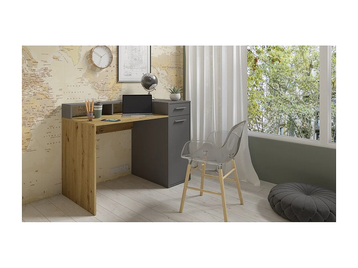Bureau OFFICE avec caisson de rangement et support écran - Coloris gris et chêne - 120 x 90 x 65 cm