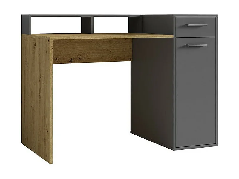 Bureau OFFICE avec caisson de rangement et support écran - Coloris gris et chêne - 120 x 90 x 65 cm