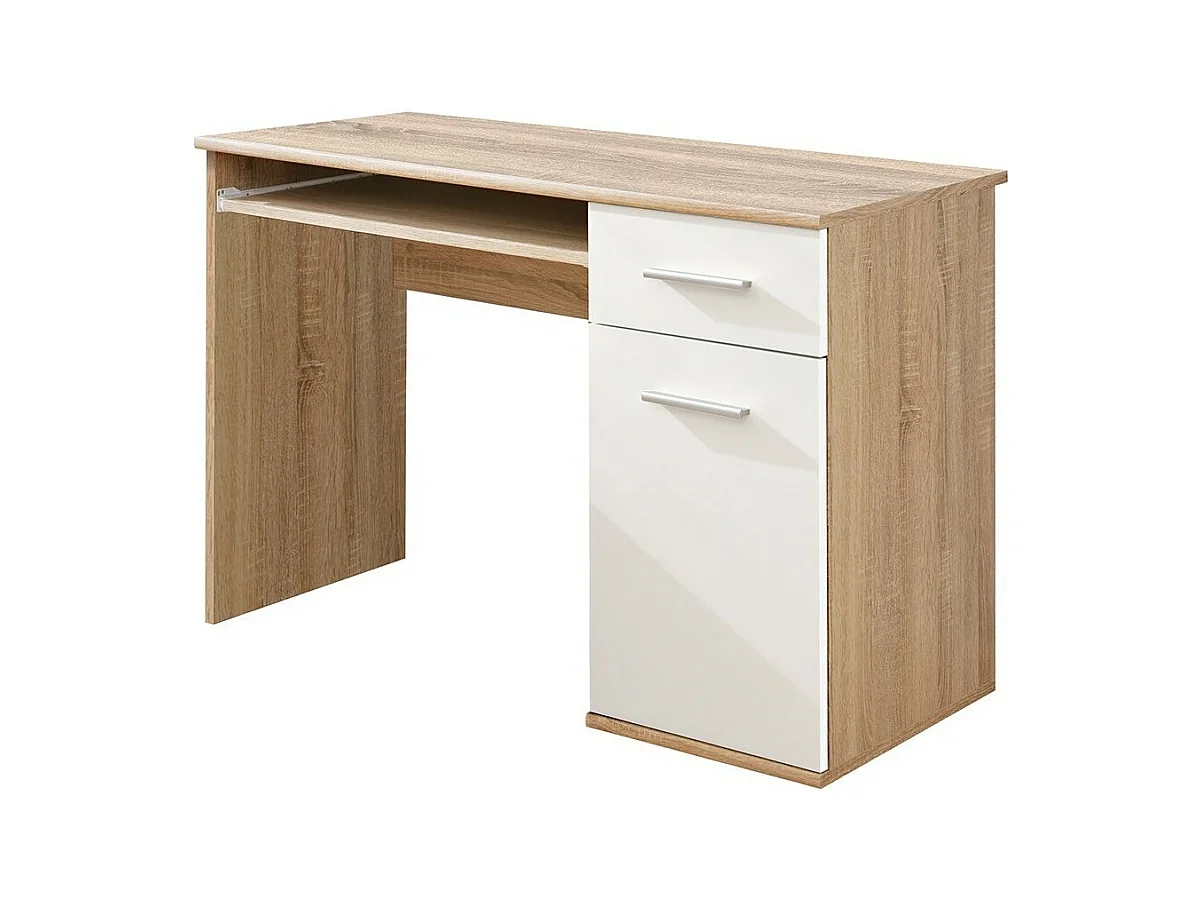 Bureau enfant DENVER – Avec tiroir, porte et étagère coulissante – Chêne et blanc design