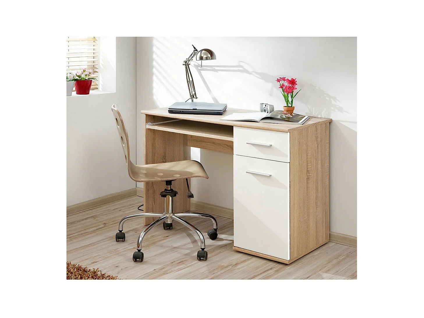 Bureau enfant DENVER – Avec tiroir, porte et étagère coulissante – Chêne et blanc design