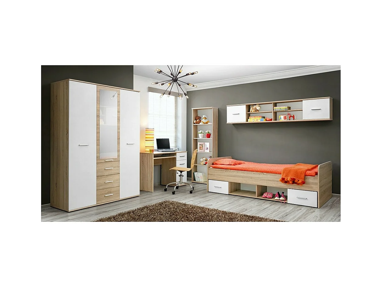 Bureau enfant DENVER – Avec tiroir, porte et étagère coulissante – Chêne et blanc design