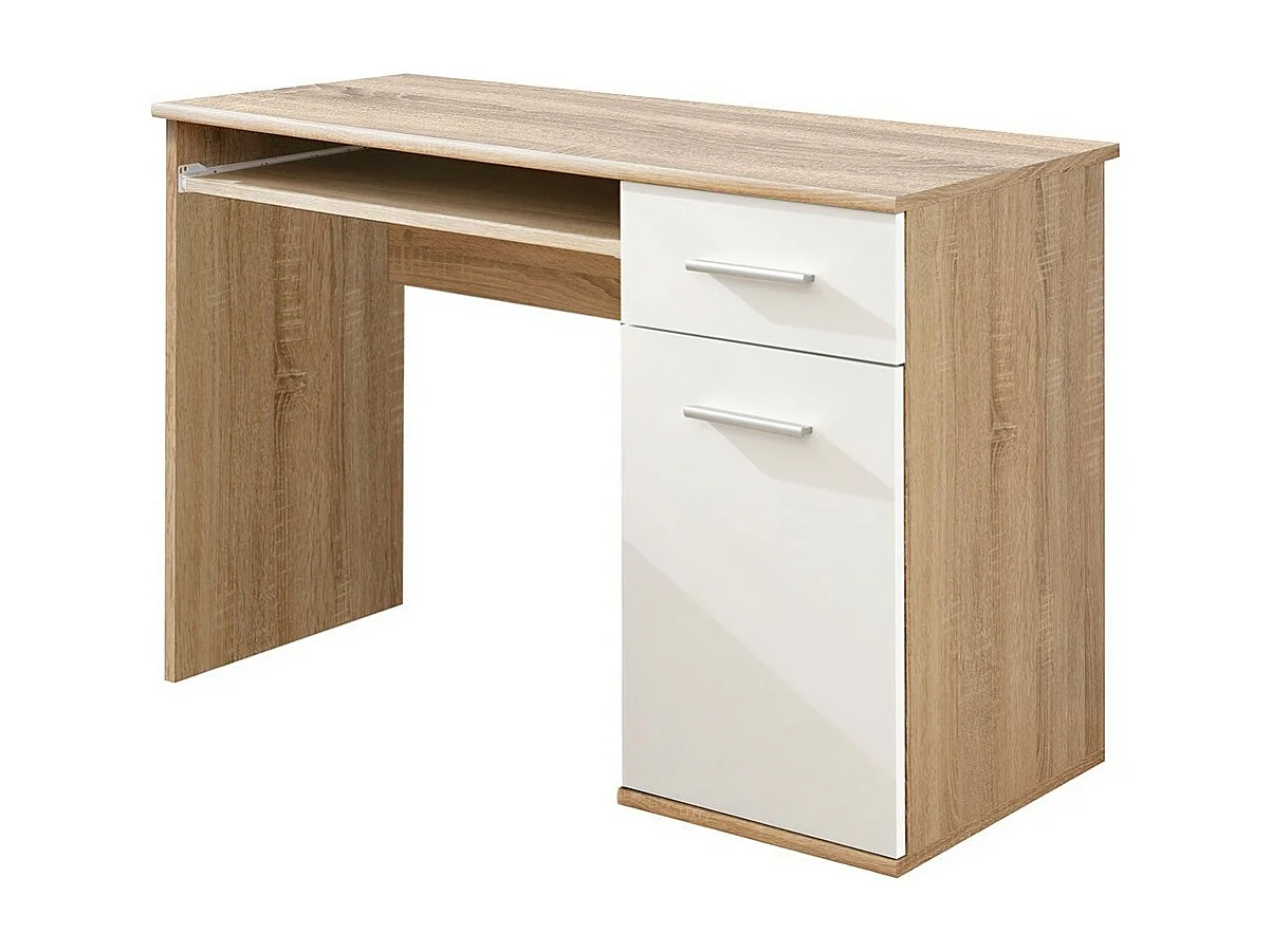 Bureau enfant DENVER – Avec tiroir, porte et étagère coulissante – Chêne et blanc design