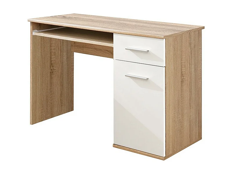 Bureau enfant DENVER – Avec tiroir, porte et étagère coulissante – Chêne et blanc design