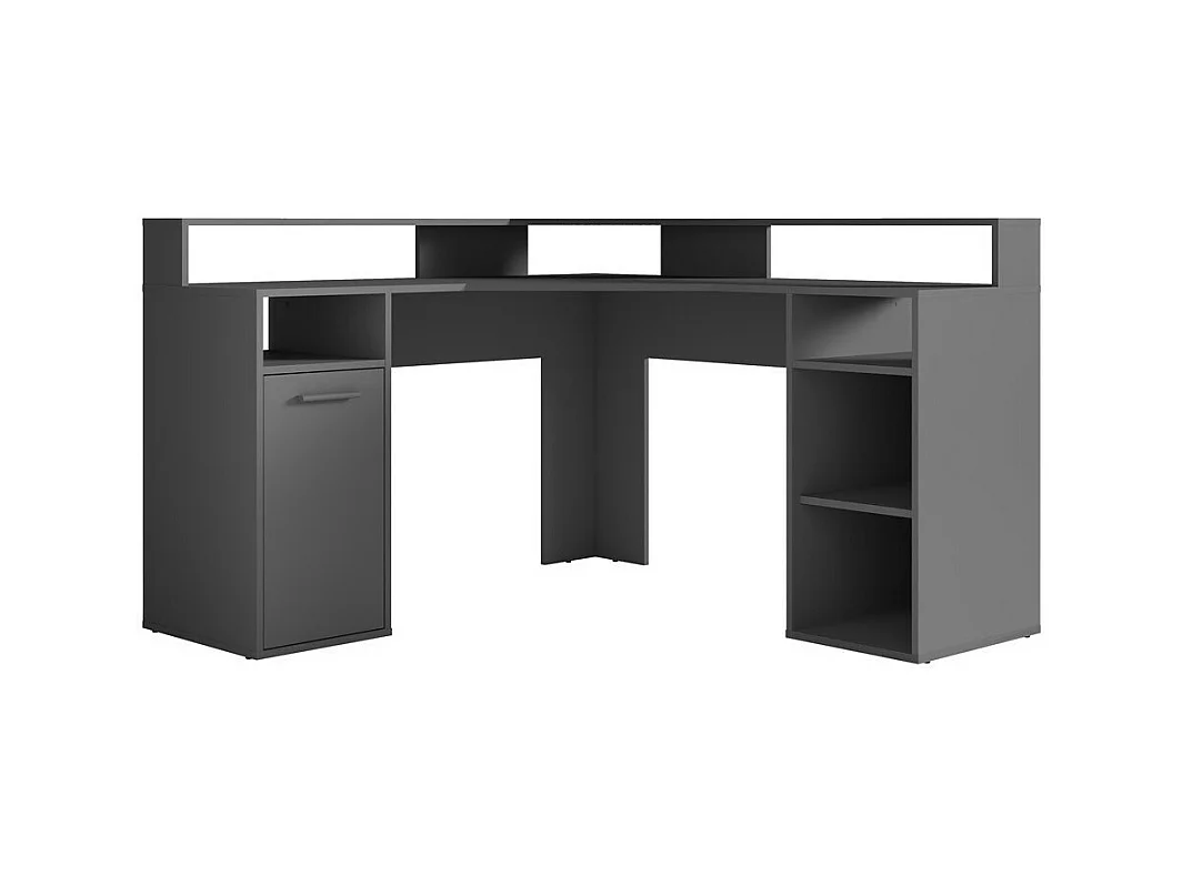 Bureau d'angle OFFICE coloris gris avec caisson de rangement, 3 niches et support écran