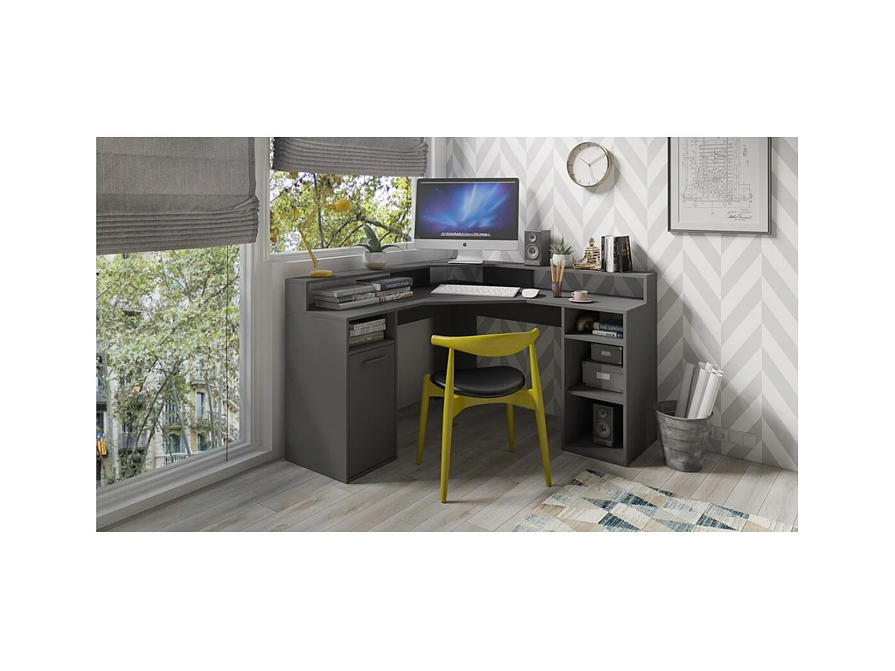 Bureau d'angle OFFICE coloris gris avec caisson de rangement, 3 niches et support écran