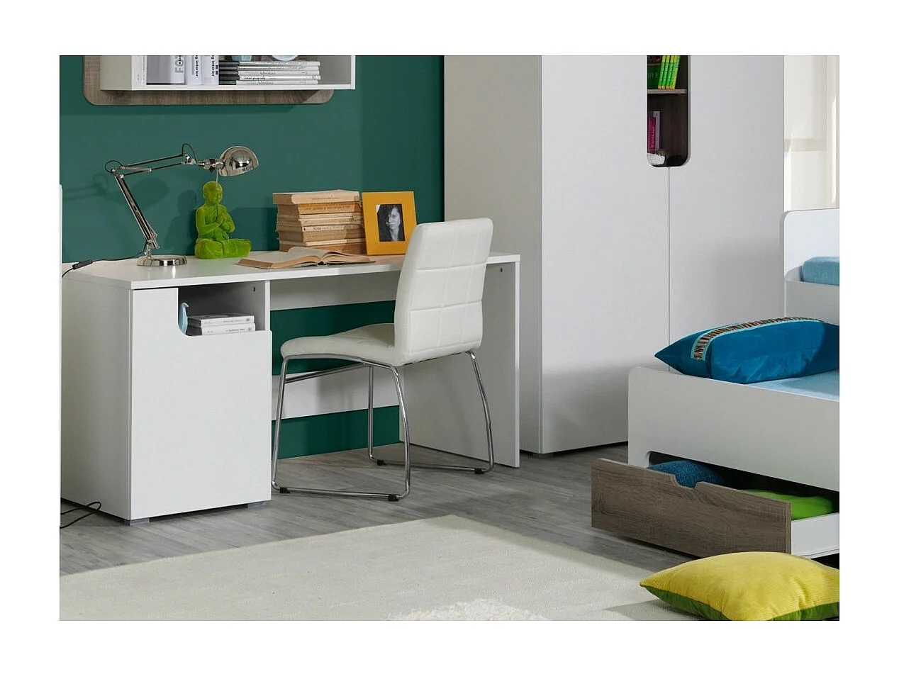 Bureau Droit Moderne RICCO - Coloris Blanc - Avec 1 Porte et 3 Niches de Rangement - 125 x 75 x 60 cm