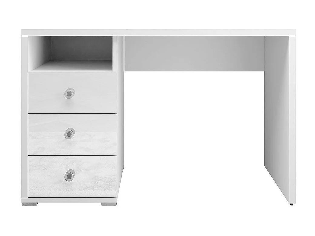 Mesa de escritório reta de design com gaveteiro de 3 gavetas e 1 nicho da coleção ALBY na cor branca.