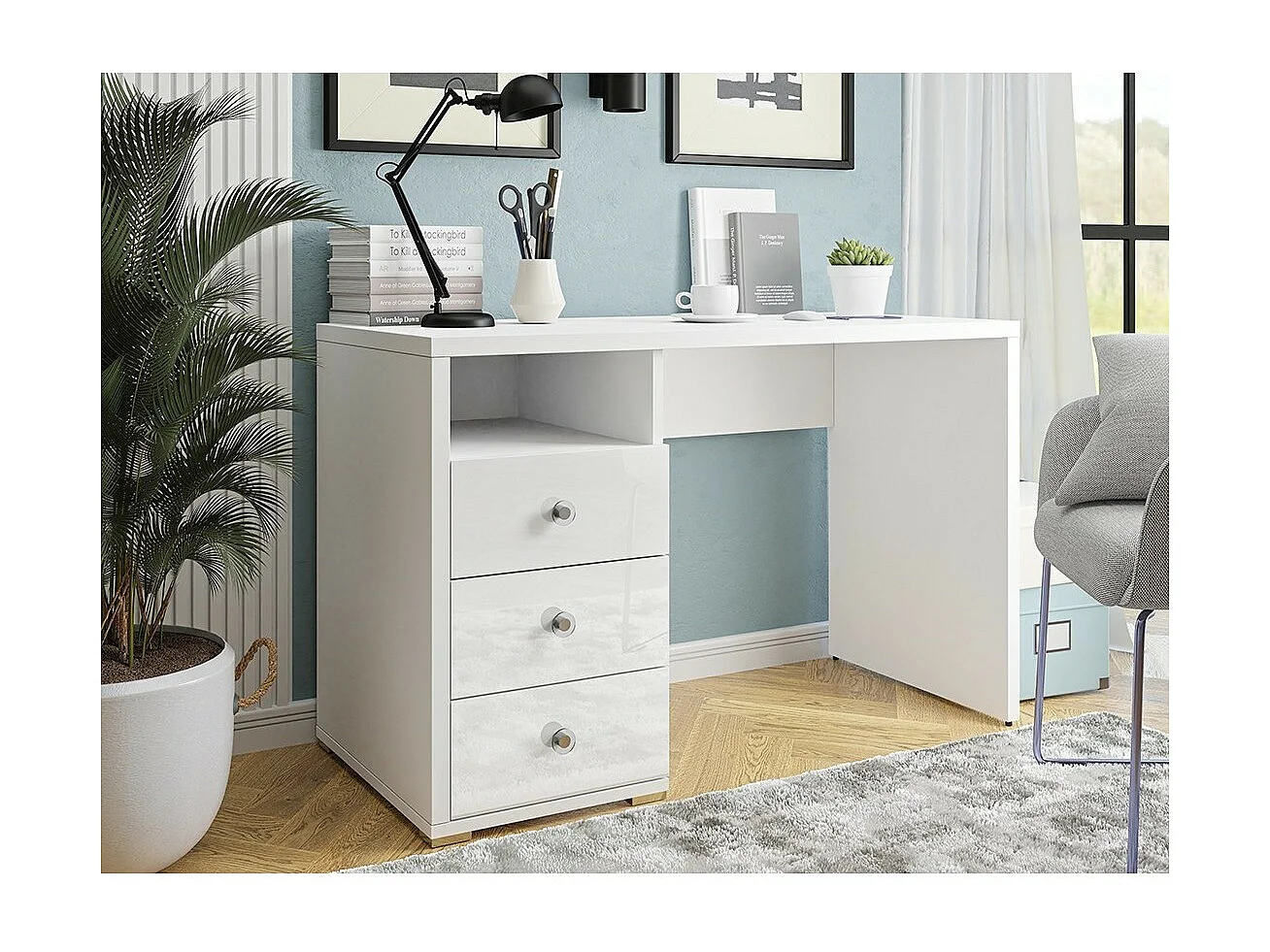 Mesa de escritório reta de design com gaveteiro de 3 gavetas e 1 nicho da coleção ALBY na cor branca.