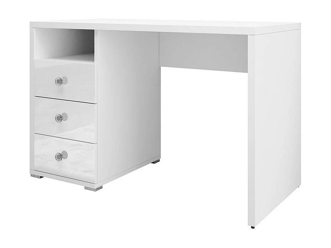 Mesa de escritório reta de design com gaveteiro de 3 gavetas e 1 nicho da coleção ALBY na cor branca.