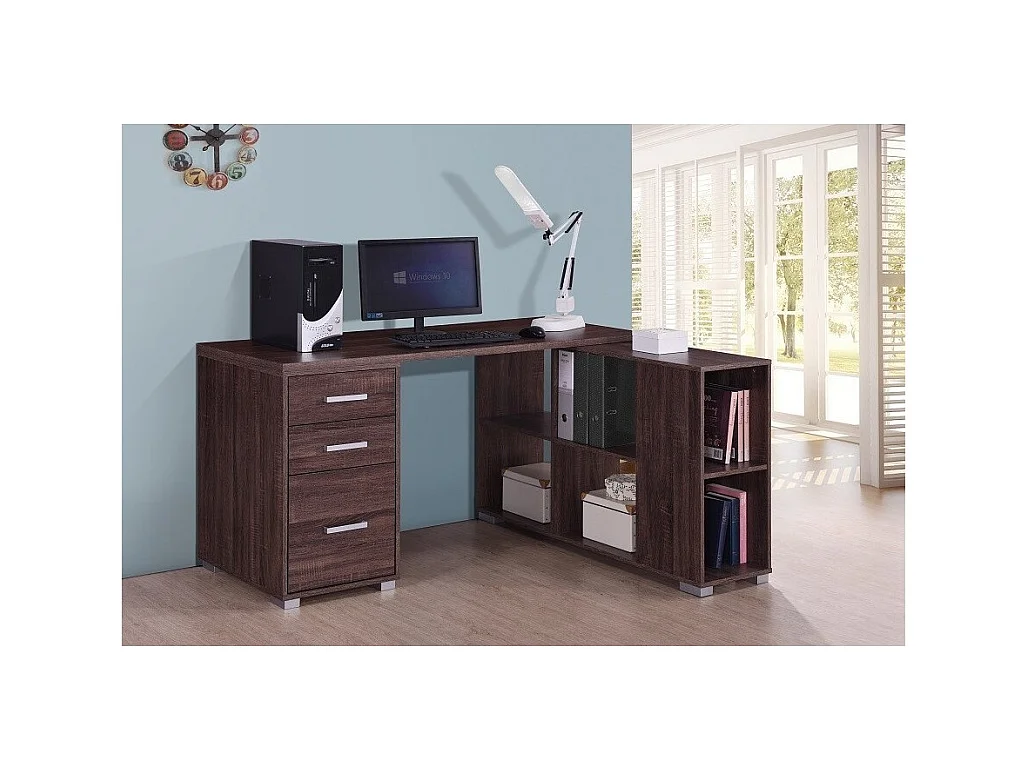 Escritorio de esquina contemporáneo IZMIR – Color nogal y gris – 9 espacios de almacenamiento