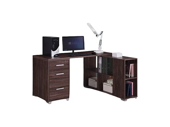 Bureau d'angle contemporain IZMIR – Coloris noyer et gris – 9 espaces de rangement