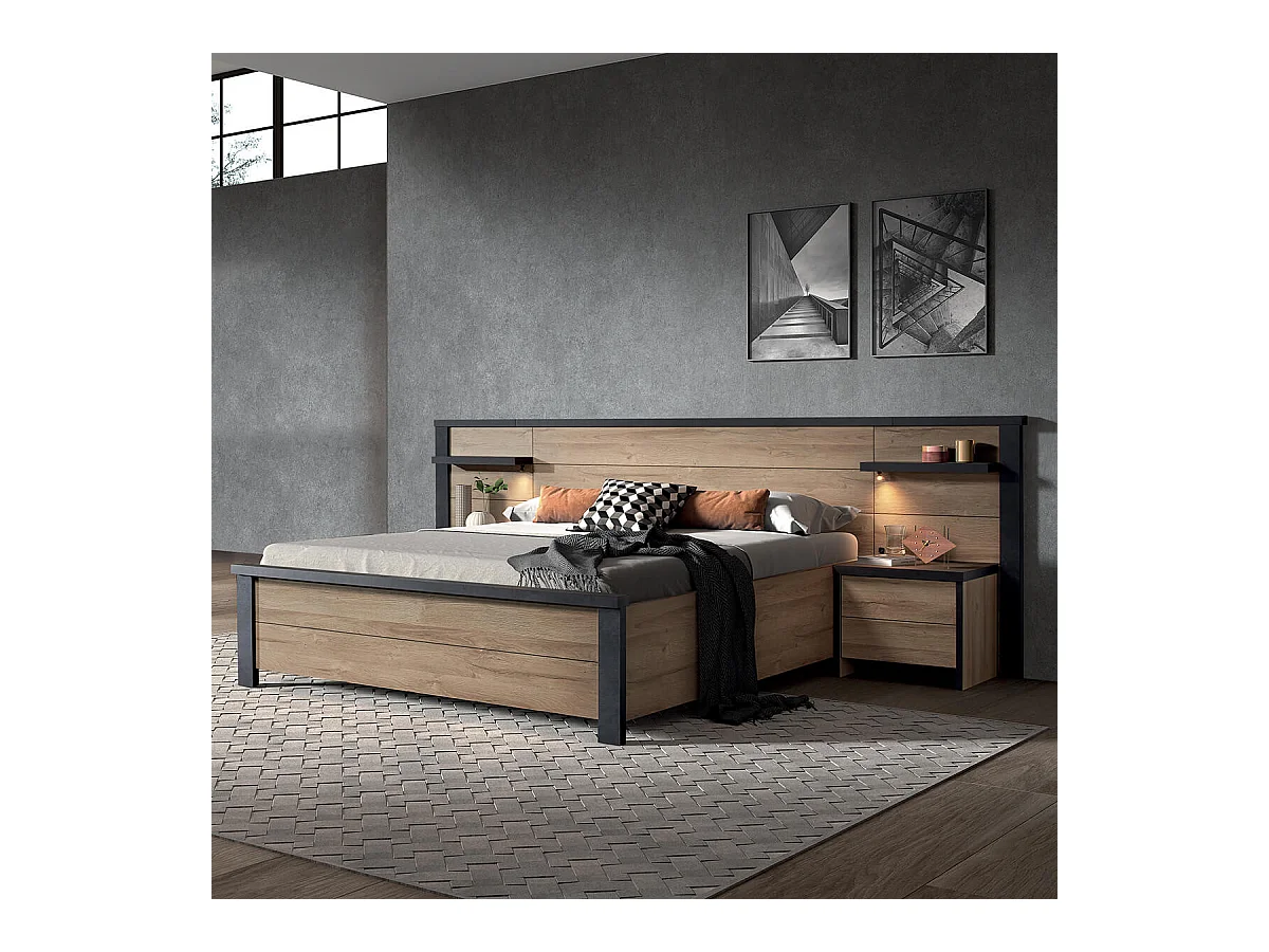 SIWA - Lit 140x200cm Effet Bois et Beton Ciré