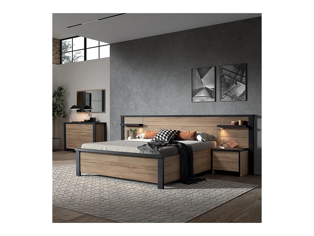 SIWA - Lit 140x200cm Effet Bois et Beton Ciré