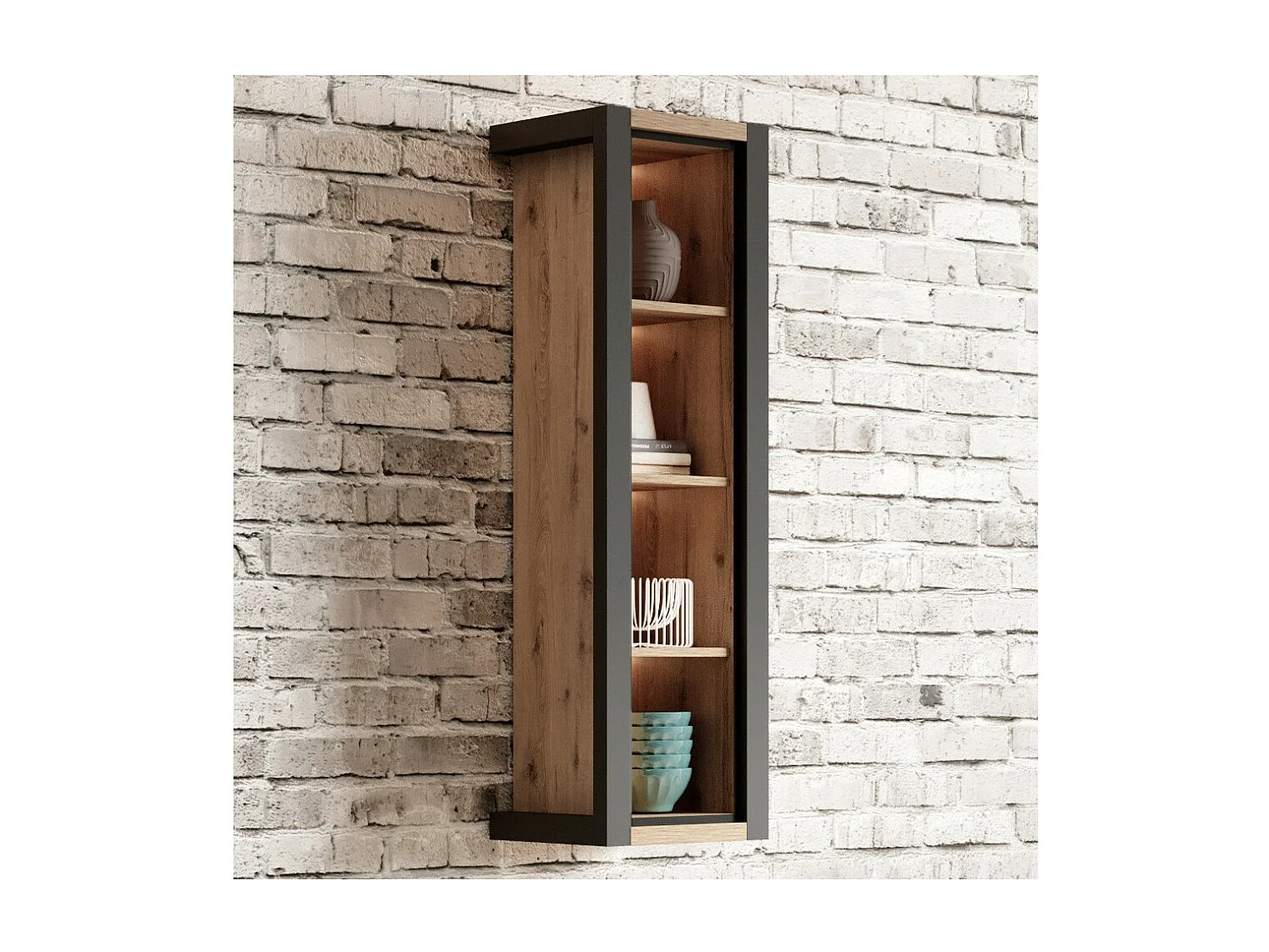 Bibliothèque suspendue ou à poser collection TIVORA. Couleur chêne et noir.