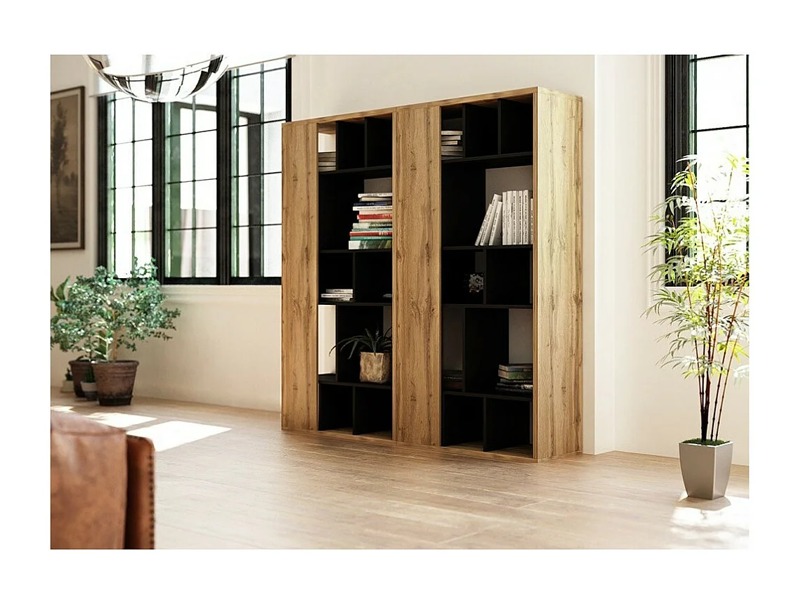 Bibliothèque design NOE, 13 niches, coloris noir mat et chêne.
