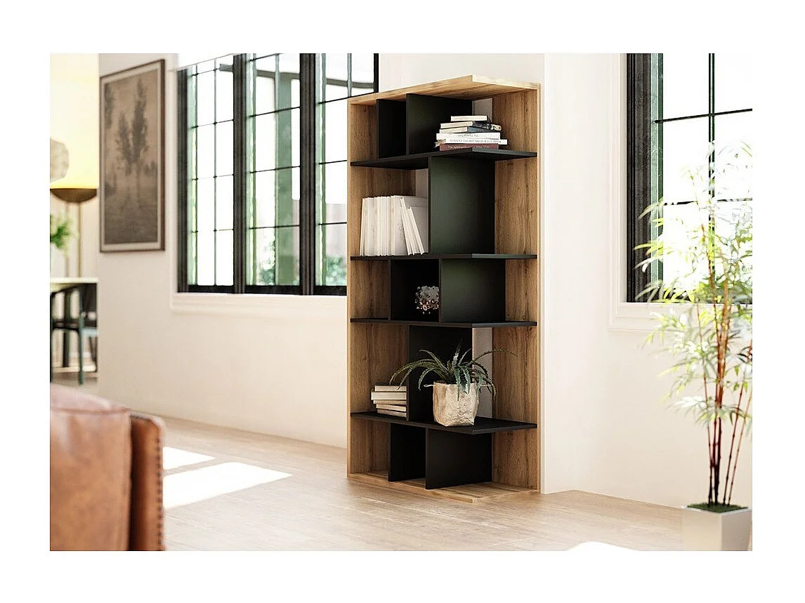 Bibliothèque design NOE, 13 niches, coloris noir mat et chêne.