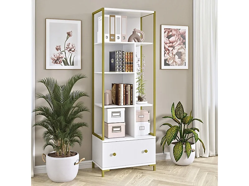 Libreria collezione DOUGLAS con numerosi spazi di conservazione e finiture dorate, 70 x 200 x 42 cm