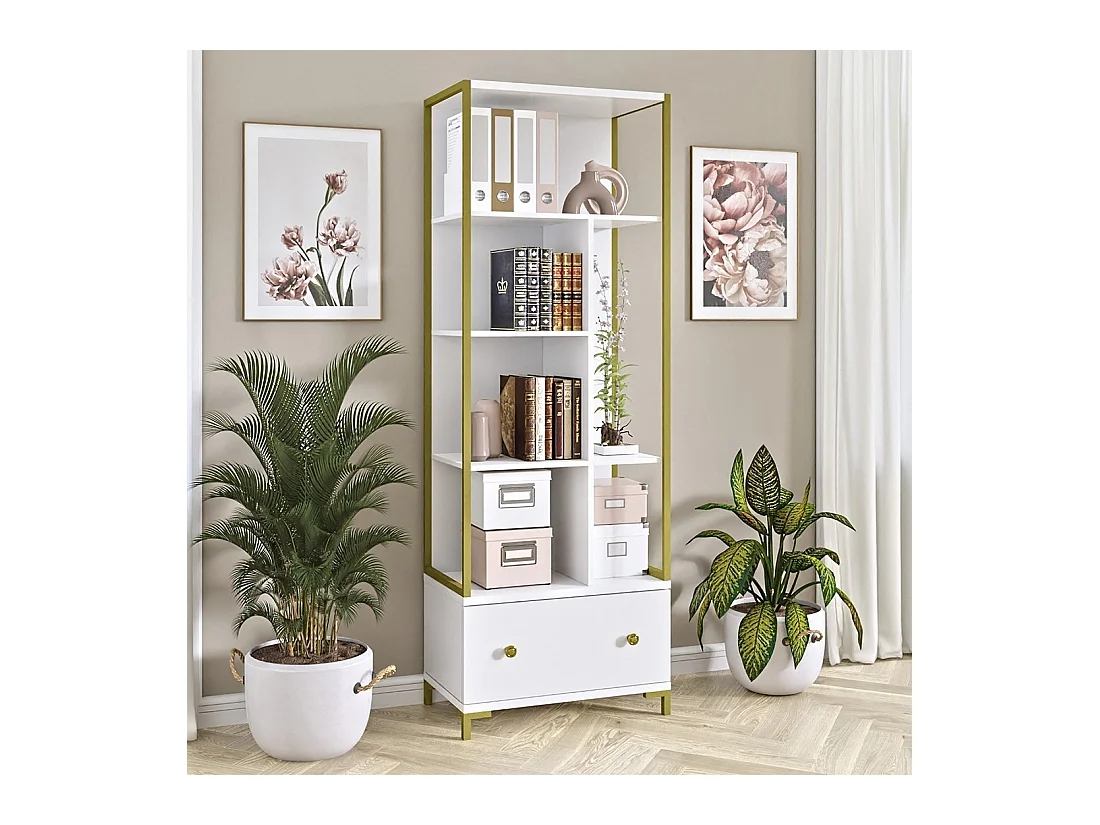Libreria collezione DOUGLAS con numerosi spazi di conservazione e finiture dorate, 70 x 200 x 42 cm