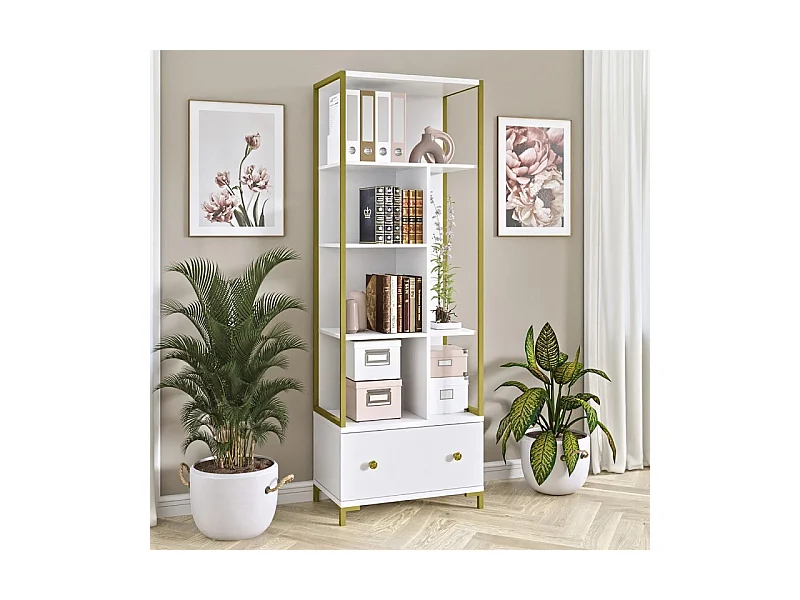 Bibliothèque collection DOUGLAS avec nombreux rangements et finitions dorées, 70 x 200 x 42 cm