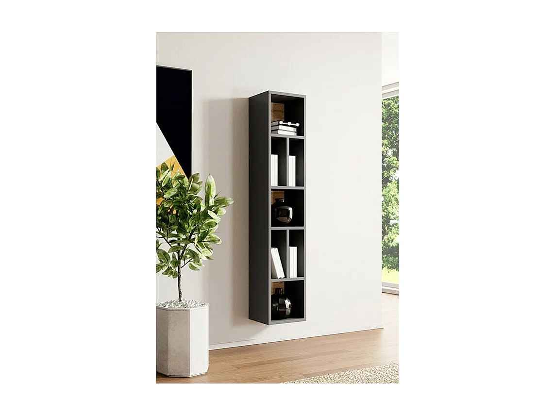 Bibliothèque suspendue OHIO – Gris anthracite et chêne – L32 x H159 cm