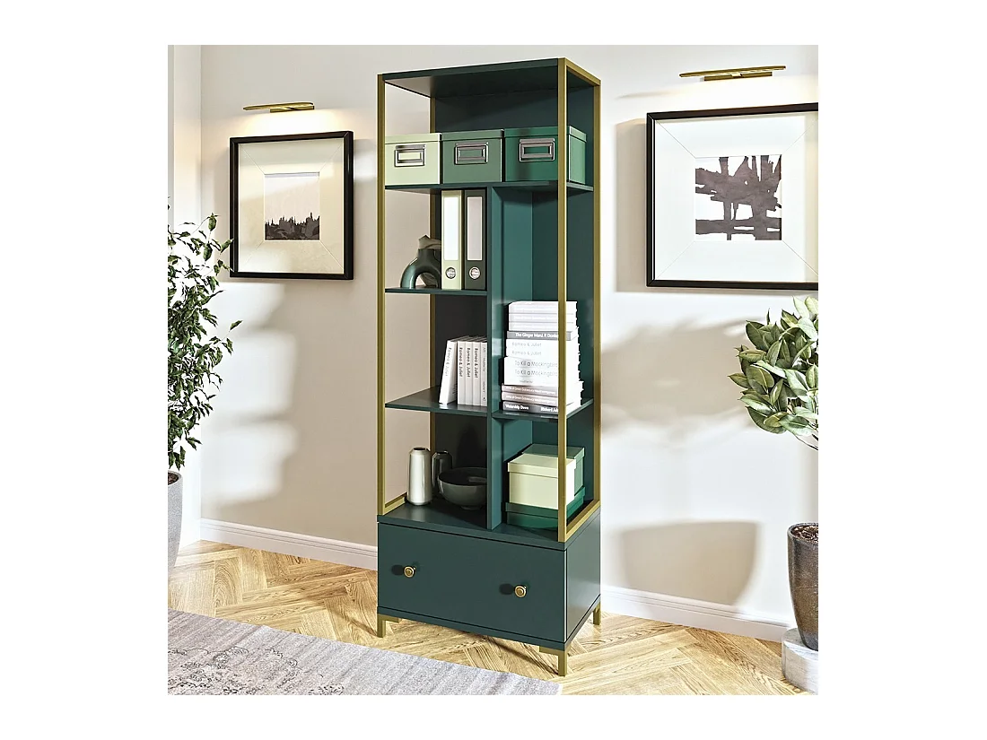Biblioteca colección DOUGLAS color verde con numerosos almacenamientos y acabados dorados, 70 x 200 x 42 cm