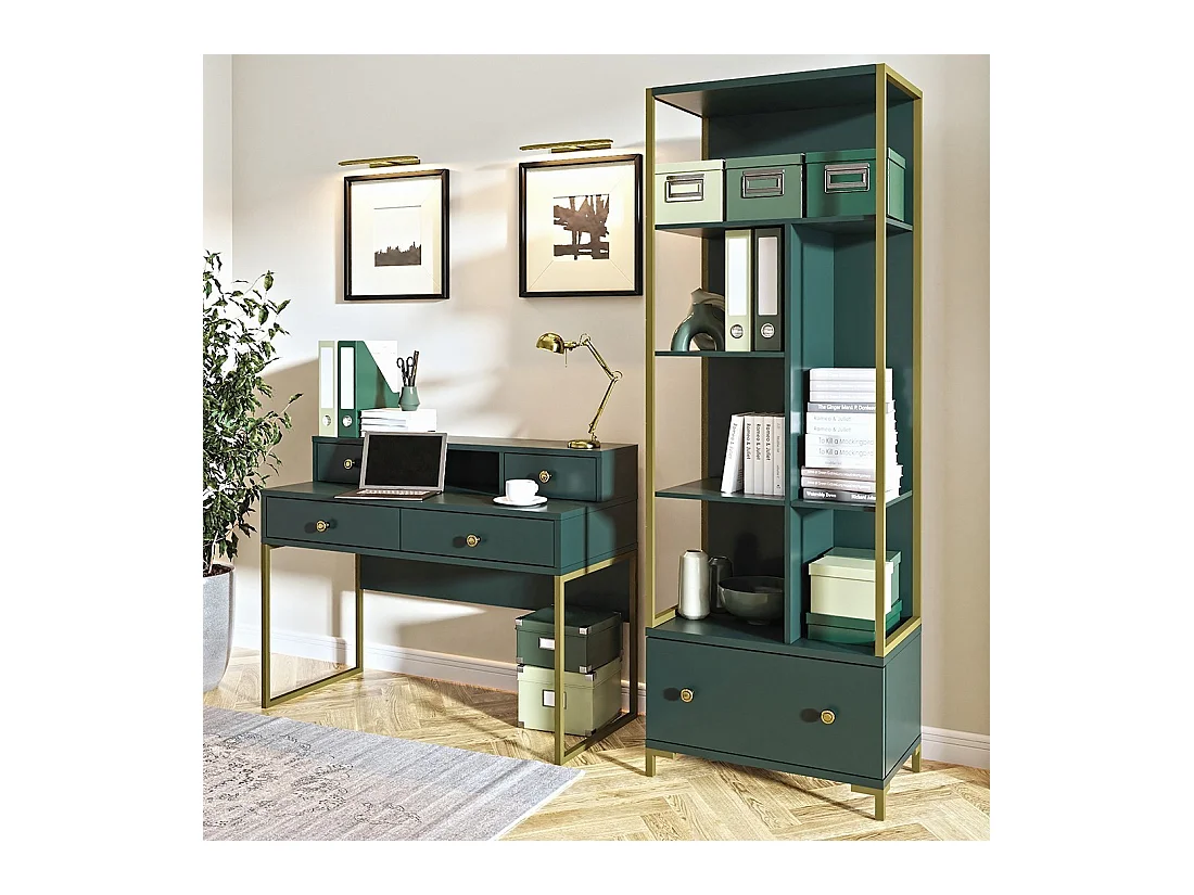 Biblioteca colección DOUGLAS color verde con numerosos almacenamientos y acabados dorados, 70 x 200 x 42 cm