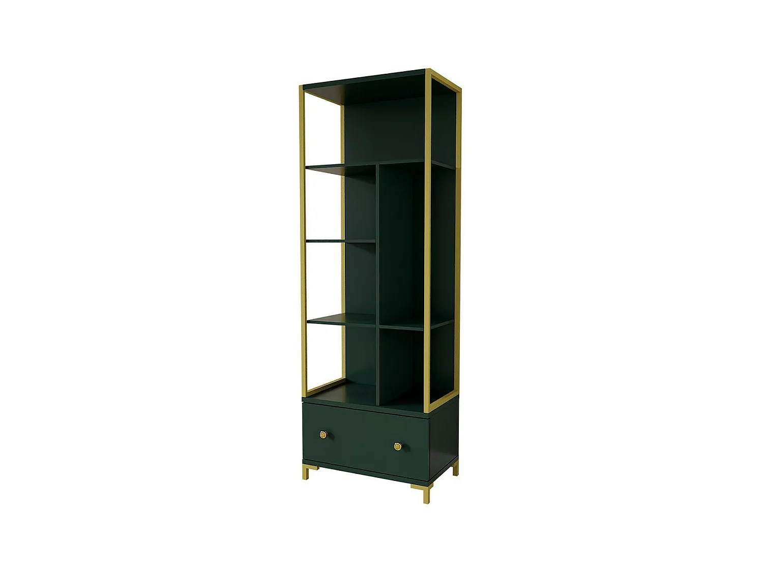 Bibliothèque collection DOUGLAS couleur verte avec nombreux rangements et finitions dorées, 70 x 200 x 42 cm