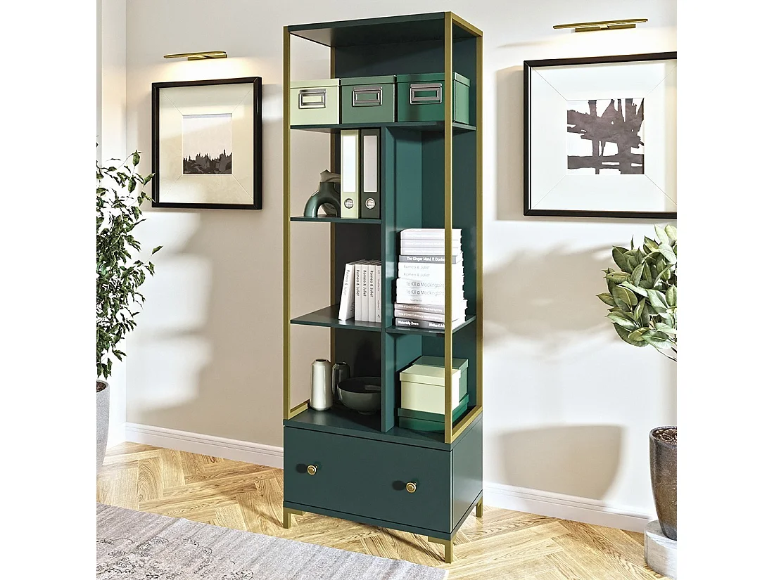 Bibliothèque collection DOUGLAS couleur verte avec nombreux rangements et finitions dorées, 70 x 200 x 42 cm