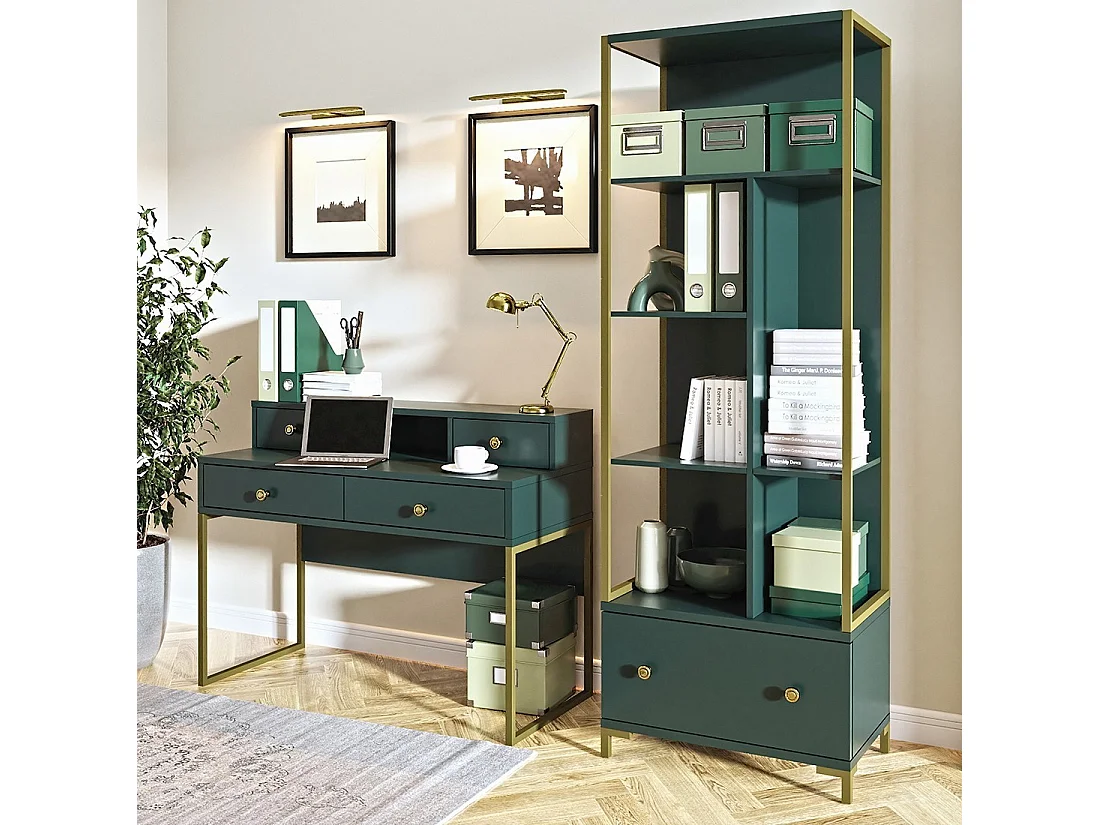 Bibliothèque collection DOUGLAS couleur verte avec nombreux rangements et finitions dorées, 70 x 200 x 42 cm