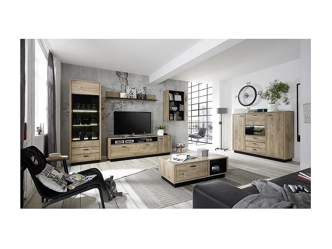 Bibliothèque suspendue RODIN, coloris chêne et noir, 65 x 100 x 35 cm