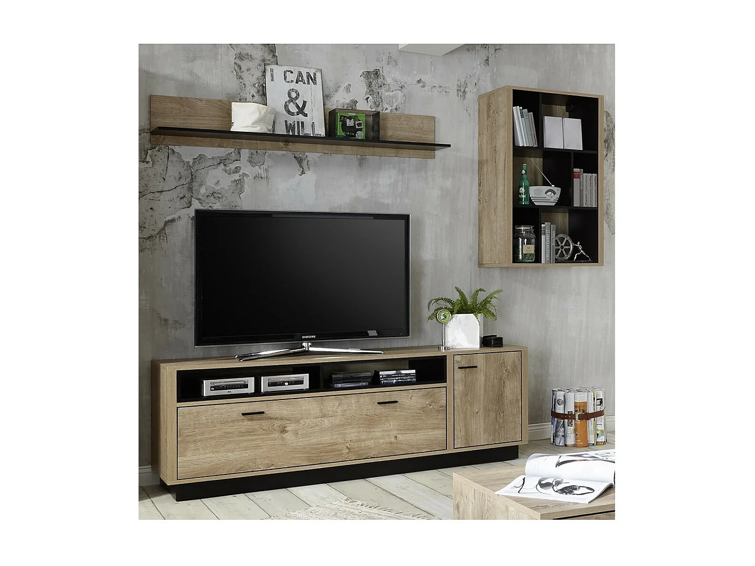 Bibliothèque suspendue RODIN, coloris chêne et noir, 65 x 100 x 35 cm